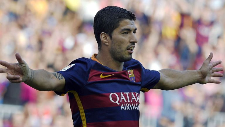 Luis Suarez celebrates after scoring against Las Palmas