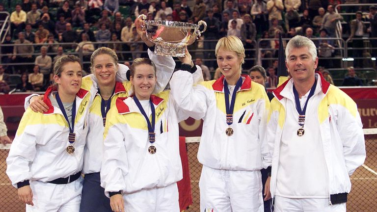 The Belgian team with the trophy after winning the Federation Cup World Final between Belgium and Russia 