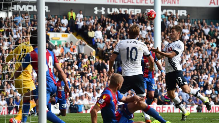 Tottenham's Ben Davies heads into the net but the goal is disallowed for off-side