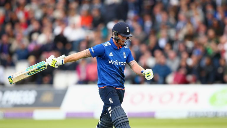 Ben Stokes of England shows his frustration after being given out for obstruction after Mitchell Starc of Australia threw the ball at the stumps