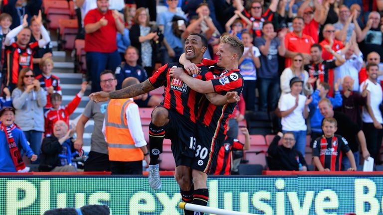 Callum Wilson (L) of Bournemouth celebrates with Matt Ritchie (R)