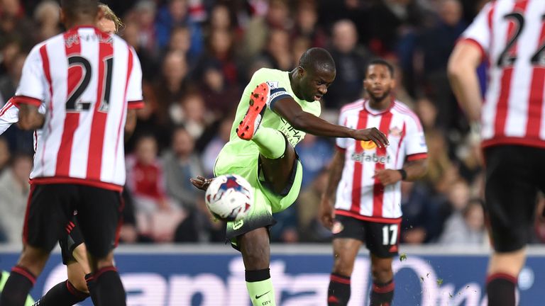 Manchester City's Yaya Toure shoots just wide during the Capital One Cup, third round match at the Stadium of Light, Sunderland.