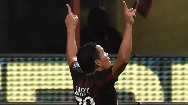 Carlos Bacca of AC Milan celebrates after scoring his team's third goal