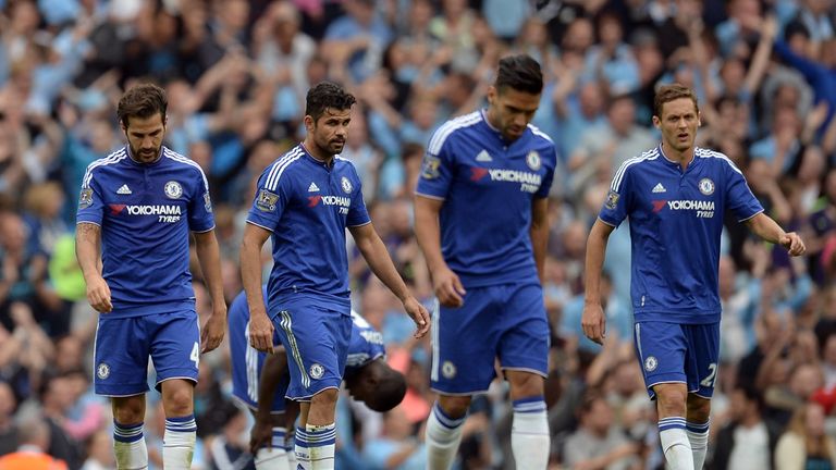 (L-R) Chelsea's  Cesc Fabregas, Diego Costa, Chelsea's Radamel Falcao and Nemanja Matic react to going 3-0 down to Manchester City in the Premier League.