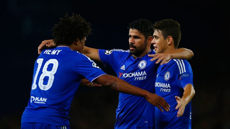Chelsea's Diego Costa celebrates scoring their third goal against Maccabi Tel Aviv with Loic Remy and Oscar