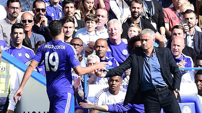 Chelsea manager Jose Mourinho shakes hands with striker Diego Costa
