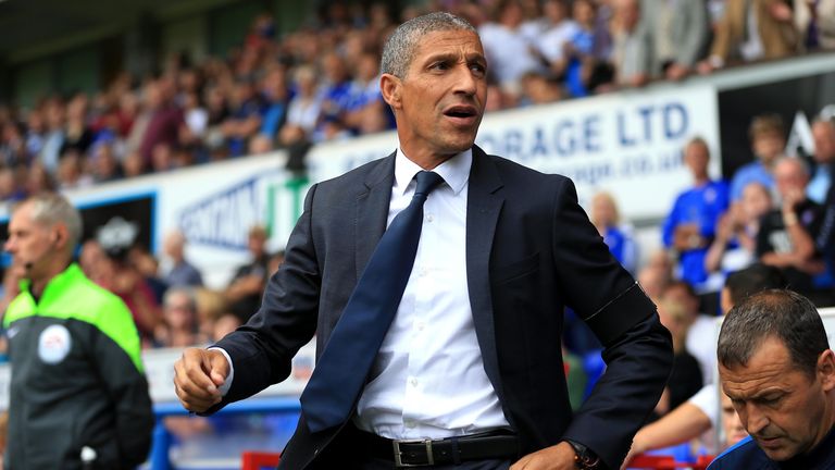 Brighton Manager Chris Hughton looks on during the Sky Bet Championship match between Ipswich Town and Brighton