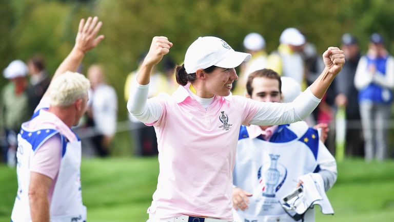 Carlota Ciganda of team Europe celebrates during the morning foursomes matches at The Solheim Cup