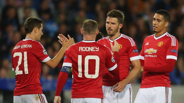 Ander Herrera of Manchester United celebrates scoring their fourth goal during the UEFA Champions League play-off second leg match between Clu Brugge and 