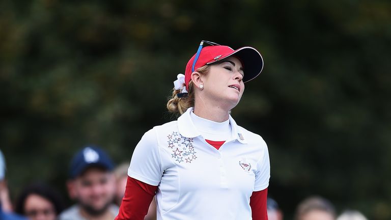 Paula Creamer of team USA reacts to a putt during the morning foursomes matches at The Solheim Cup having been 4up and losing the match 1 down.