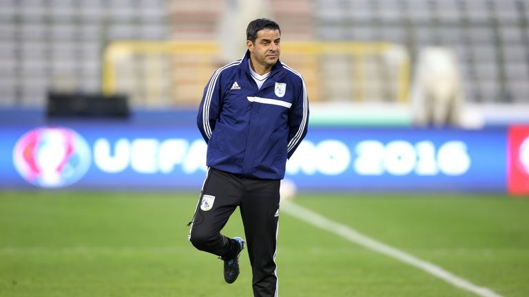 Cyprus' coach Pambos Christodoulou attends a training session