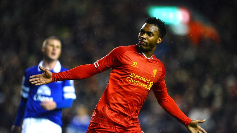 Daniel Sturridge of Liverpool celebrates after scoring his team's second goal during the Barclays Premier League match against Everton in January 2014