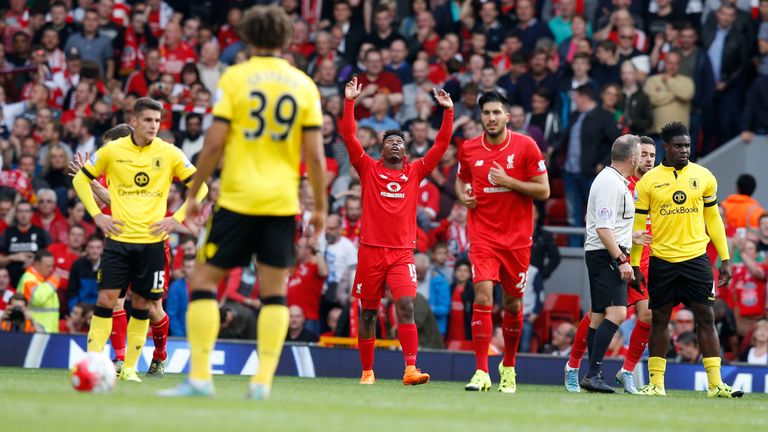 Liverpool's Daniel Sturridge celebrates a goal during the Barclays Premier League match v Aston Villa at Anfield