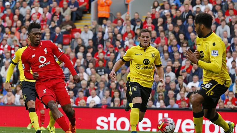 Daniel Sturridge scores his second of the day against Aston Villa