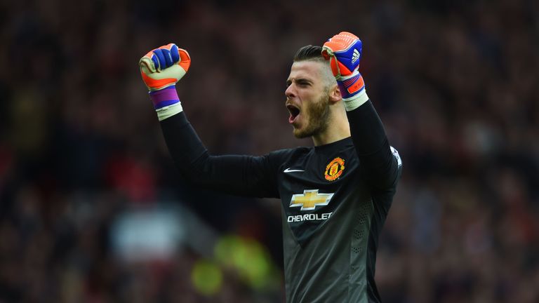 David De Gea of Manchester United celebrates as Ander Herrera scores their first goal during the Barclays Premier League match v Arsenal, May 2015