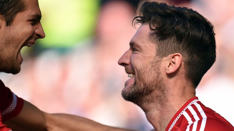 Middlesbrough's David Nugent celebrates scoring his sideÕs first goal of the game during the Sky Bet Championship match at the Riverside Stadium, Middlesb