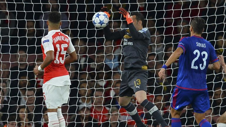 Arsenal's David Ospina drops the ball over the line