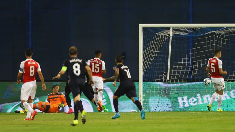  David Ospina of Arsenal looks back to see the ball hit the back of the net