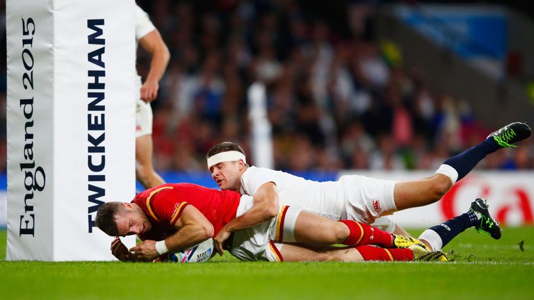 Gareth Davies of Wales goes over to score a try during the 2015 Rugby World Cup Pool A match v England at Twickenham