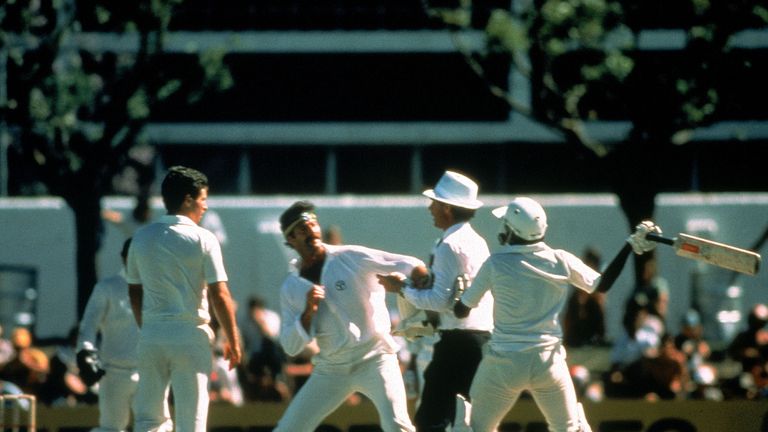 Dennis Lillee of Australia and Javed Miandad of Pakistan