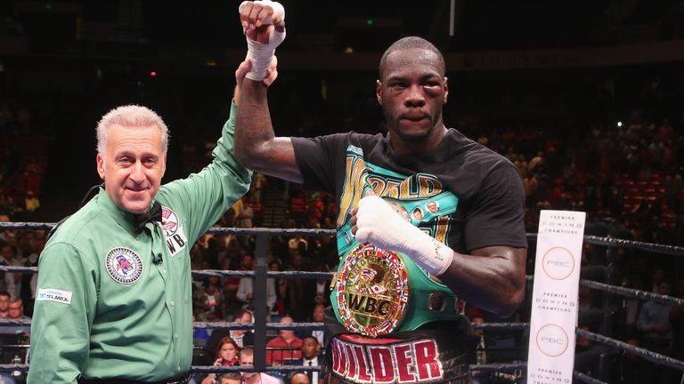 BIRMINGHAM, AL - SEPTEMBER 26:  Deontay Wilder is declared the winner in his fight with Johann Duhaupas at Legacy Arena at the BJCC on September 26, 2015 i