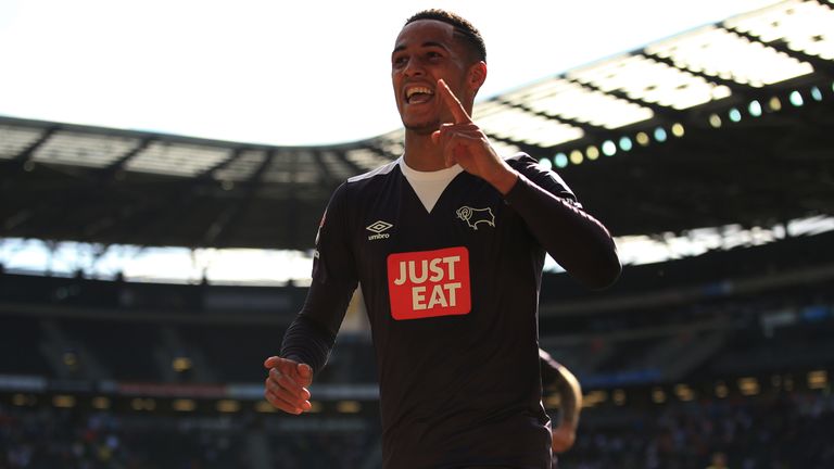 Derby County's Tom Ince celebrates scoring the third goal against MK Dons