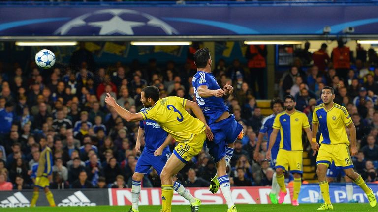 Maccabi Tel Aviv's Yuval Shpungin vies against Chelsea's Diego Costa
