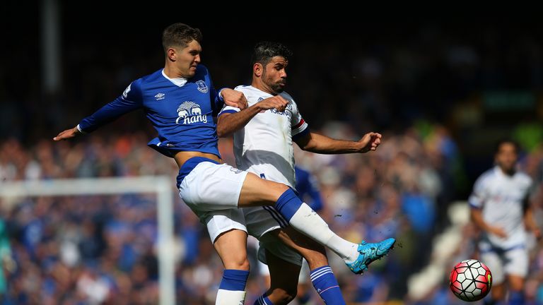John Stones of Everton tackles Diego Costa of Chelsea during the Barclays Premier League match at Goodison Park on September 12, 2015