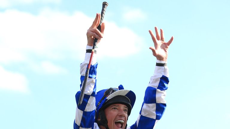 Frankie Dettori leaps from Nemoralia after victory in the British Stallion Studs 'Carrie Red' EBF Fillies' Nursery at Doncaster.