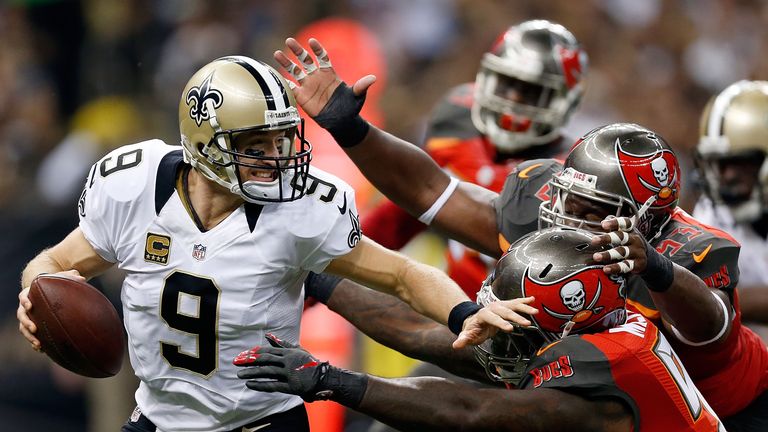 Drew Brees #9 of the New Orleans Saints is sacked by Gerald McCoy #93 of the Tampa Bay Buccaneers during the first quarter