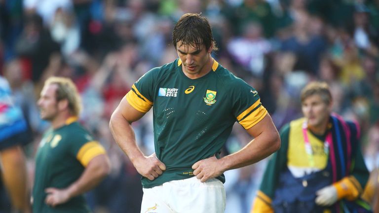 Springbok lock Eben Etzebeth is dejected following defeat to Japan