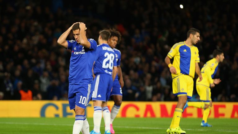 Eden Hazard reacts after missing a penalty during the UEFA Champions League group G match between Chelsea and Maccabi Tel-Aviv