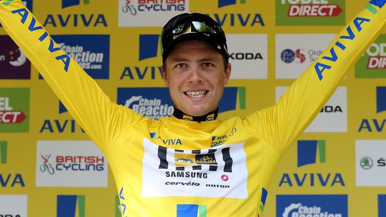 MTN-Qhubeka's Edvald Boasson Hagen celebrates on the podium after claiming the yellow jersey during Stage Six of the Tour of Britain