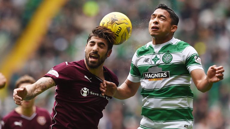 Celtic's Emilio Izaguirre (right) battles with Juanma Delgado of Hearts in their Ladbrokes Premiership match