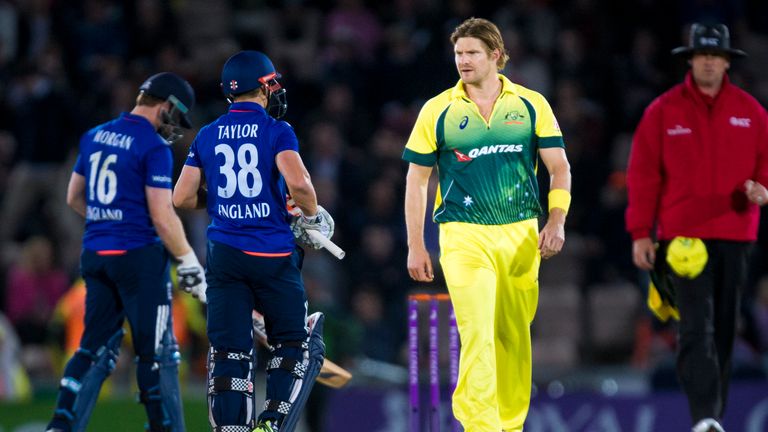 England's James Taylor and Australia's Shane Watson appear to exchange words after Taylor's dismissal during the first match of the Royal London ODI series
