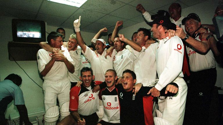11 Dec 2000:  Nasser Hussain and the England team celebrate a series win in the dressing room during the 3rd Pakistan v England Test match at the National 