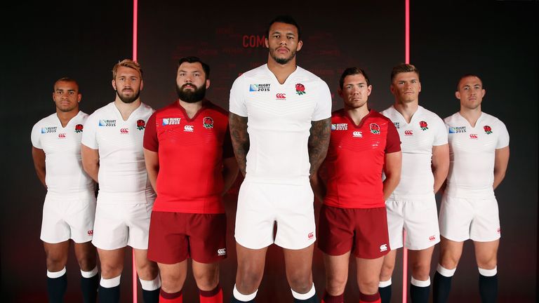 England kit launch - (L-R) Jonathan Joseph, Chris Robshaw, Alex Corbisiero, Courtney Lawes; Alex Goode, Owen Farrell and Mike Brown