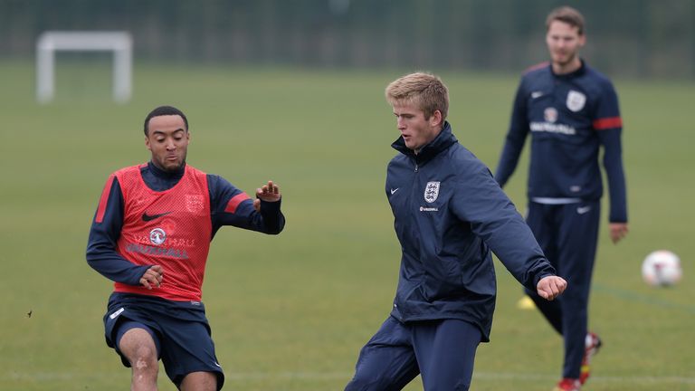 Eric Dier (R) and Nathan Redmond (L) in action during an England U21 training session at Colchester United Training Ground in 2013