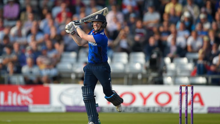 England batsman Eoin Morgan hits John Hastings for 6 during the 4th ODI at Headingley