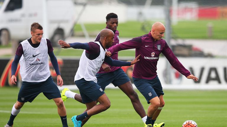 Fabian Delph challenges Jonjo Shelvey during England training ahead of Saturday's San Marino game