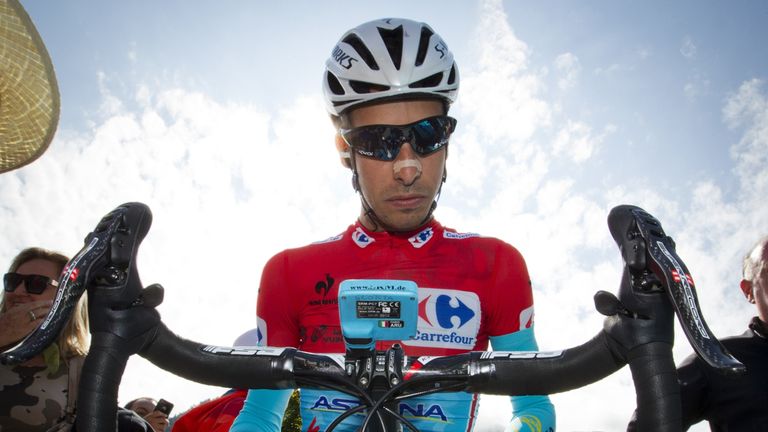 Astana's Italian cyclist Fabio Aru waits on his bike prior to the 12th Stage of the 2015 Vuelta Espana cycling tour, a 173km