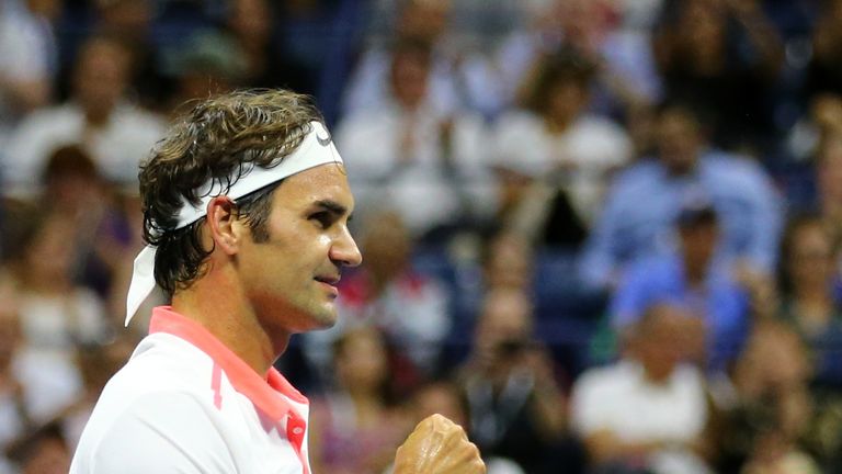 Roger Federer celebrates after defeating Stan Wawrinka to reach the US Open final