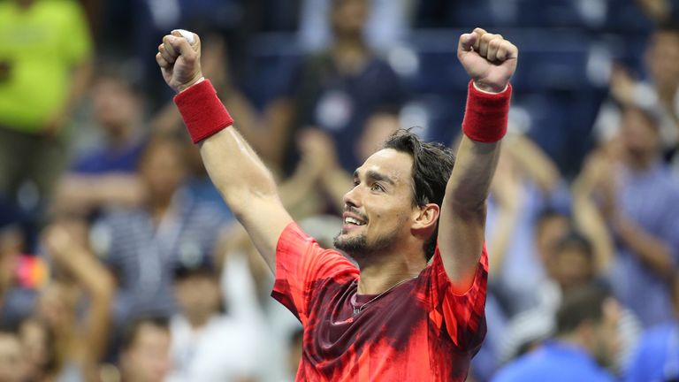 Fabio Fognini of Italy celebrates after defeating Rafael Nadal of Spain on Day Five of the 2015 US Open 