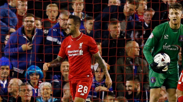 Liverpool's Danny Ings celebrates scoring his side's first goal of the game during the Capital One Cup, third round match at Anfield