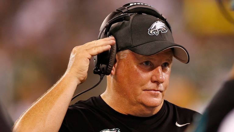 EAST RUTHERFORD, NJ - SEPTEMBER 03: Head coach Chip Kelly of the Philadelphia Eagles on the sidelines against the New York Jets during a pre-season game at