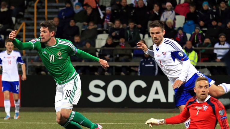 Northern Ireland's Kyle Lafferty celebrates scoring his side's third goal of the game 