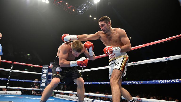 Frank Buglioni (r) in boxing action against Fedor Chudinov WBA World Super-Middleweight Title at the SSE Arena, Wembley on