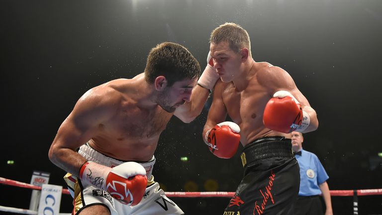 Frank Buglioni (L) in boxing action against Fedor Chudinov (r) WBA World Super-Middleweight Title at the SSE Arena, Wemble