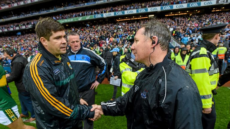 Dublin manager Jim Gavin (right) shakes hands with Kerry counterpart Eamonn Fitzmaurice after the final whistle