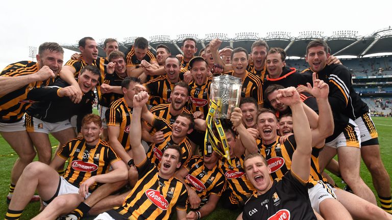 The Kilkenny players celebrate with the Liam MacCarthy Cup after their All-Ireland final victory over Galway